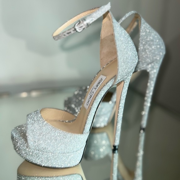 Jimmy Choo Max 150 Metallic Silver Glitter Fabric Platform Stiletto Sandals 37 - Picture 17 of 17